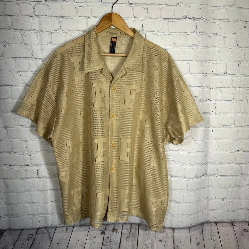 PP3 Mens XXL Tan Gold Monogram Short‎ Sleeve Button Up Shirt Made in Korea